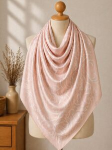 Maxi hijab de couleur rose poudré avec un motif en tourbillon blanc